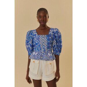 💕FARM RIO💕 Blue Tile Dream Short Sleeve Blouse ~ Floral Large L NWT *DAMAGED*